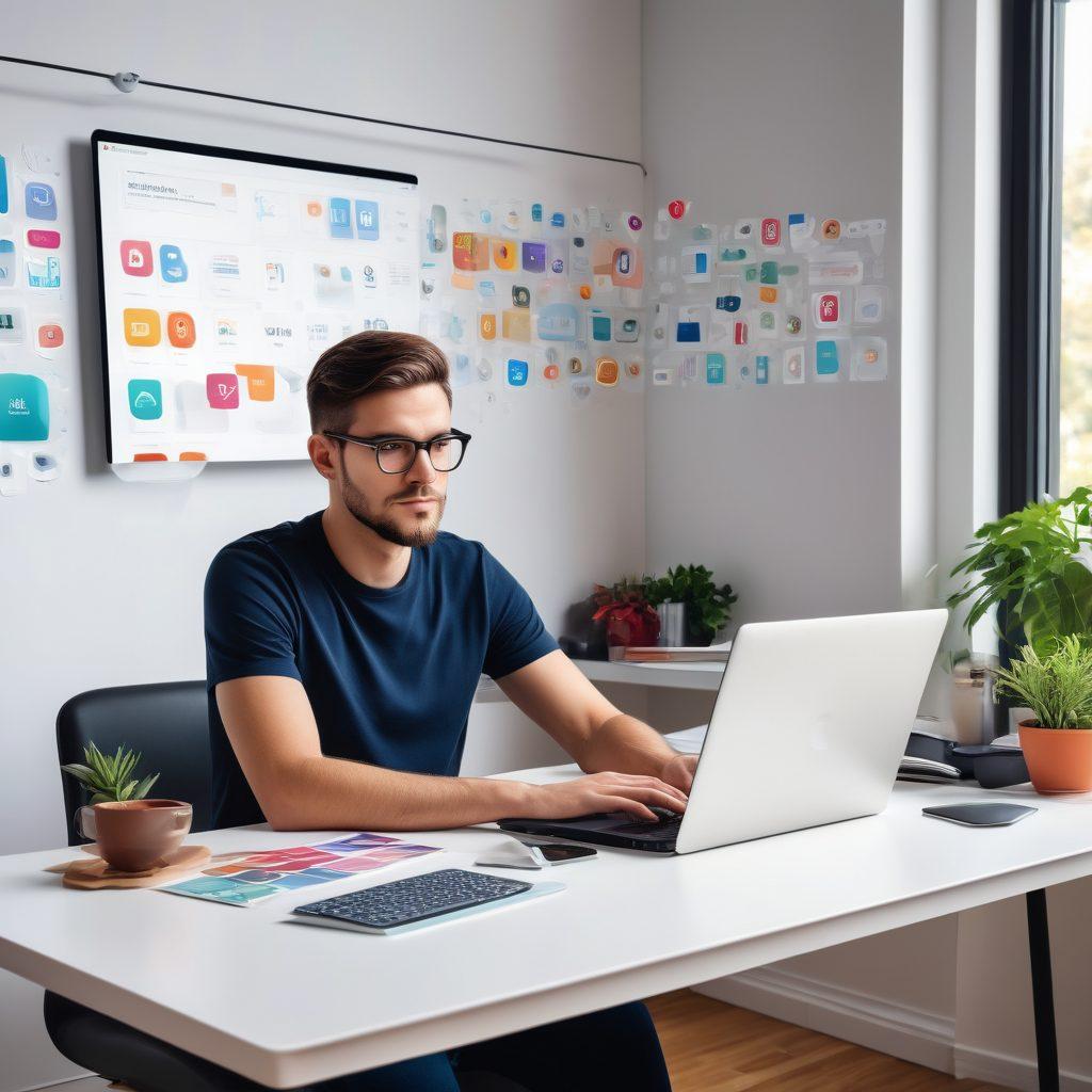 An artistic depiction of a designer sitting in a cozy, modern workspace, surrounded by floating icons of various web design tools and resources. A sleek laptop on the desk with a glowing, user-friendly interface. The overall scene exudes creativity and ease. vibrant colors. semi-realistic. modern illustration style.